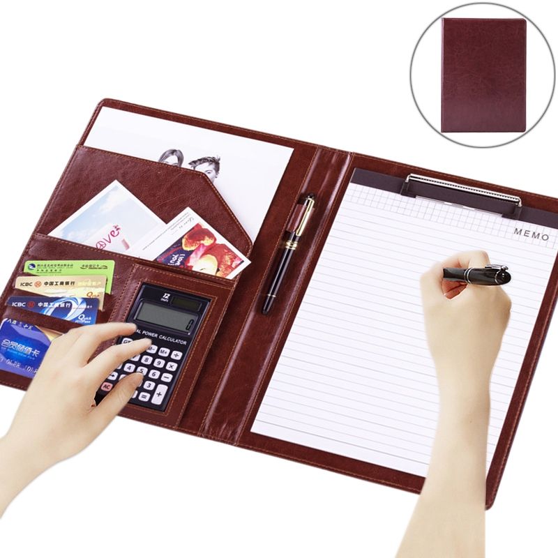 Office Supplies Business Style Leather Document Folder With 30-pages A4 Note Pad & Calculator (Dark Brown)