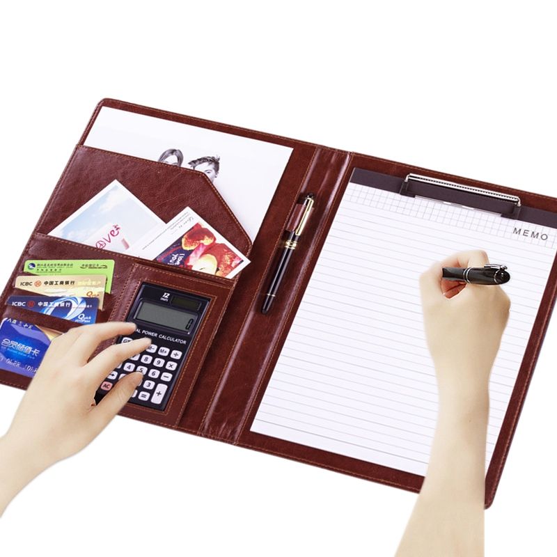 Office Supplies Business Style Leather Document Folder With 30-pages A4 Note Pad & Calculator (Dark Brown)