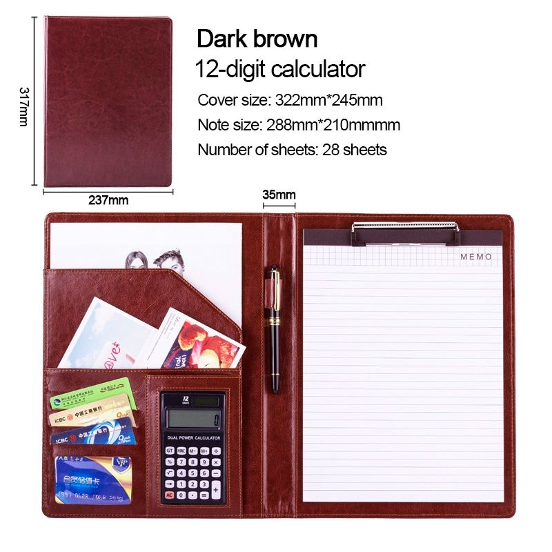 Office Supplies Business Style Leather Document Folder With 30-pages A4 Note Pad & Calculator (Dark Brown)