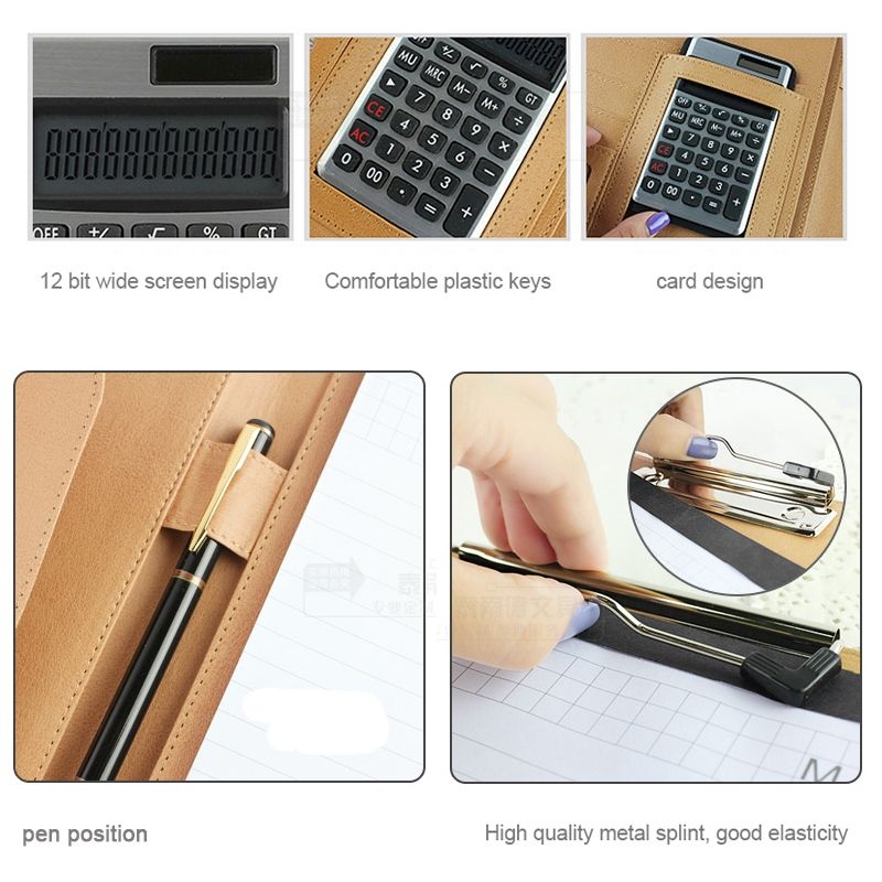 Office Supplies Business Style Leather Document Folder With 30-pages A4 Note Pad & Calculator (Dark Brown)