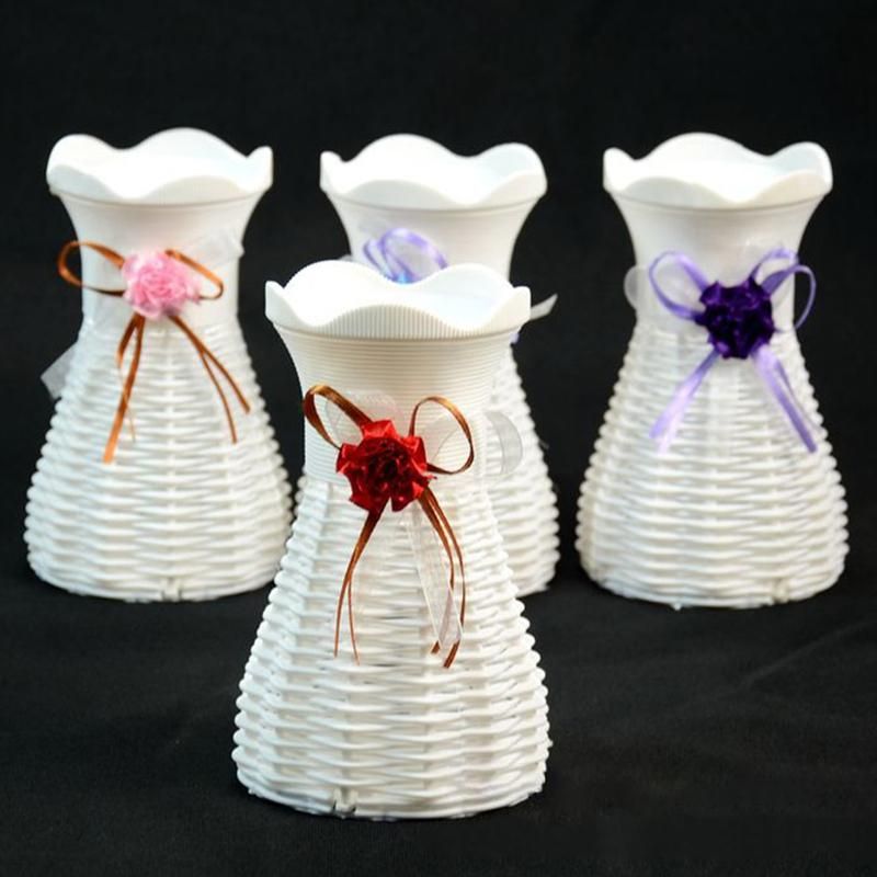 Plastic Rattan Simulation Vase Dried Flower Basket-White