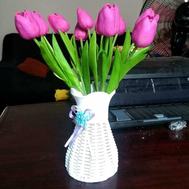 Plastic Rattan Simulation Vase Dried Flower Basket-White