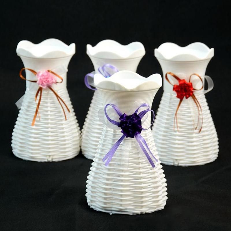 Plastic Rattan Simulation Vase Dried Flower Basket-White