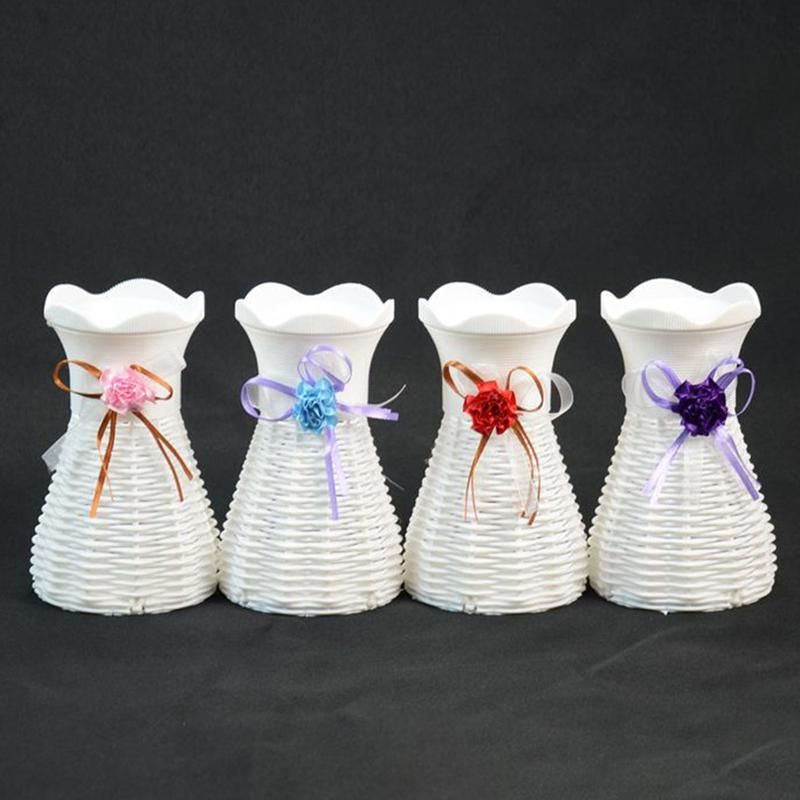 Plastic Rattan Simulation Vase Dried Flower Basket-White