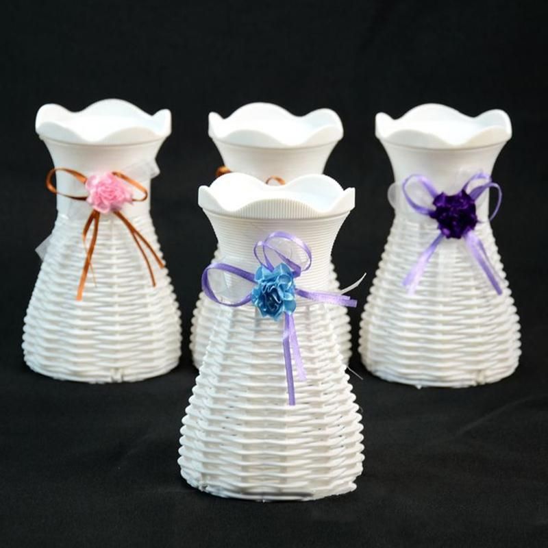 Plastic Rattan Simulation Vase Dried Flower Basket-White