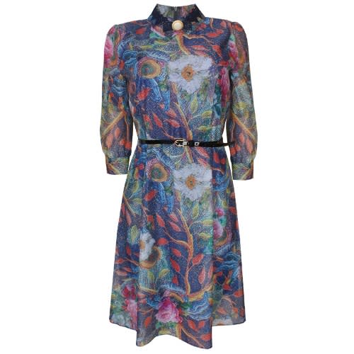 Collared Floral Belted Neck Button Dress