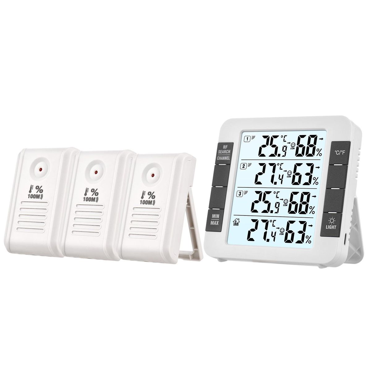 3 Channel Digital Indoor Outdoor Thermohygrometer with Remote Sensor 328ft/ 100m Backlight Thermometer Humidity Meter Comfortable Level Temperature Humidity Monitor with 3 Transmitters for Home Office Greenhouse Warehouse