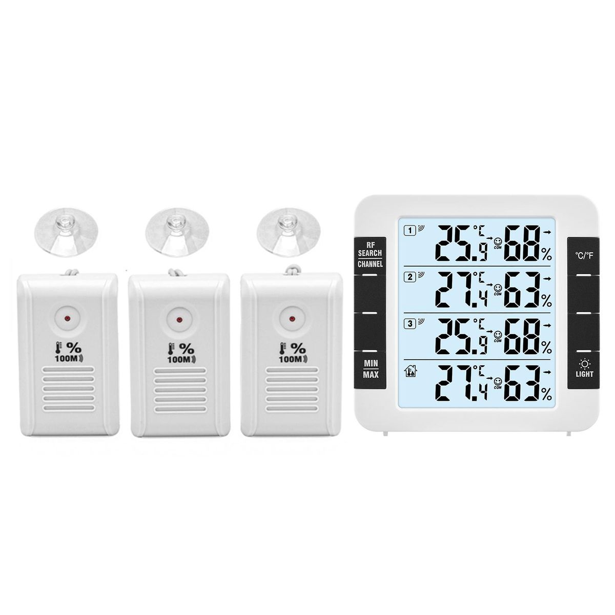 3 Channel Digital Indoor Outdoor Thermohygrometer with Remote Sensor 328ft/ 100m Backlight Thermometer Humidity Meter Comfortable Level Temperature Humidity Monitor with 3 Transmitters for Home Office Greenhouse Warehouse