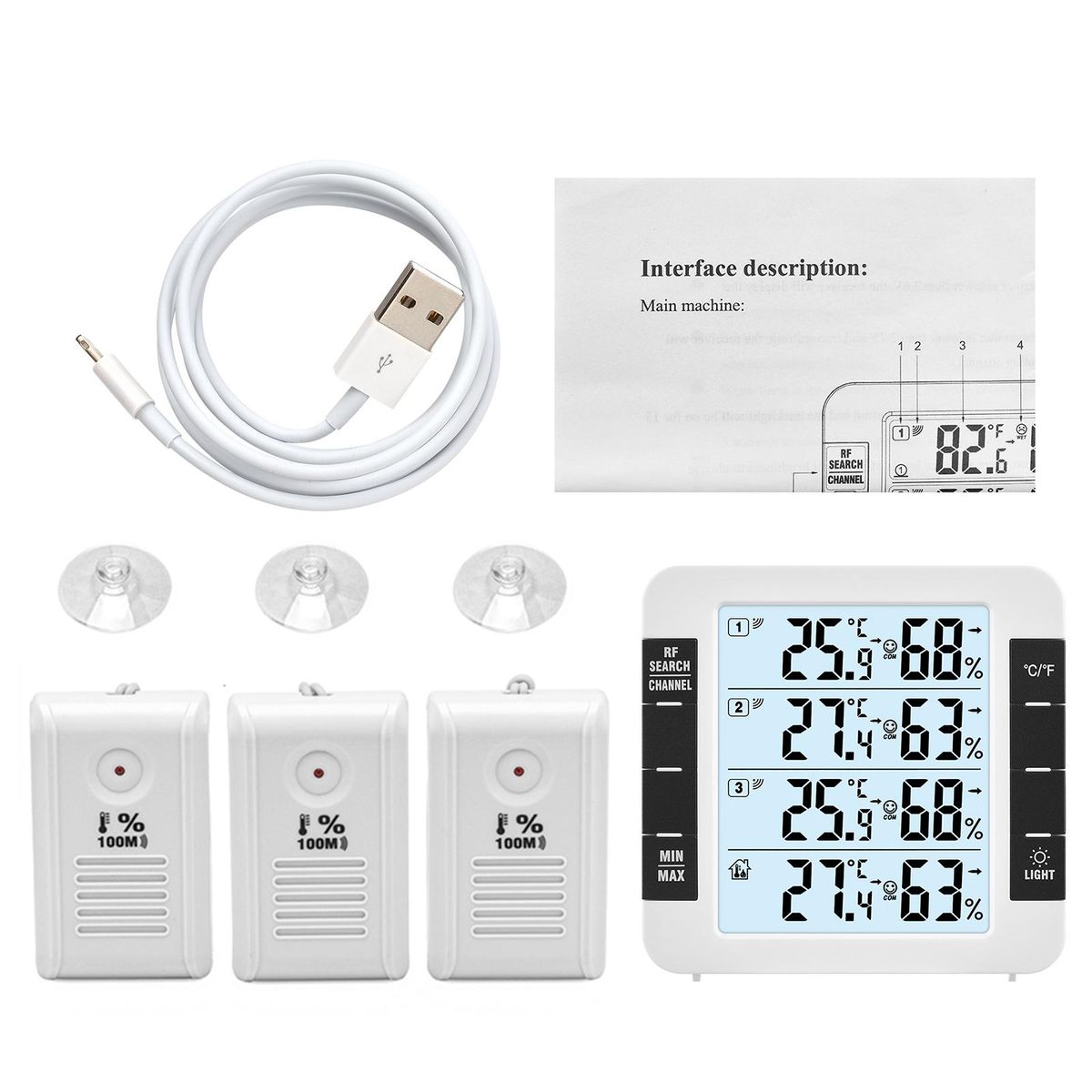3 Channel Digital Indoor Outdoor Thermohygrometer with Remote Sensor 328ft/ 100m Backlight Thermometer Humidity Meter Comfortable Level Temperature Humidity Monitor with 3 Transmitters for Home Office Greenhouse Warehouse