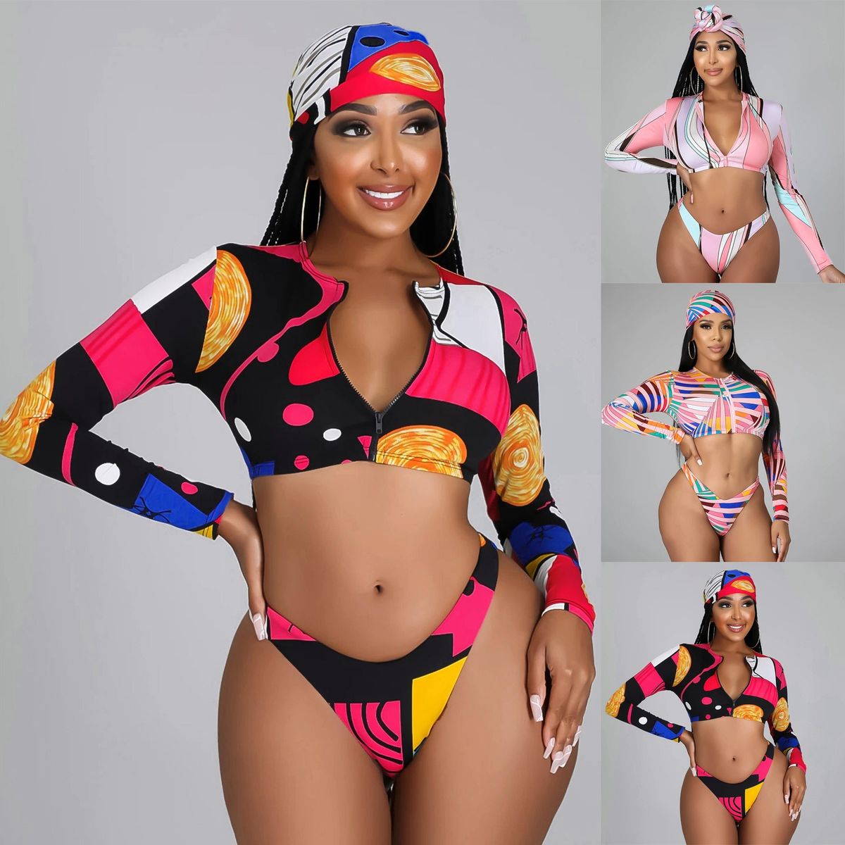 Women Bikini Set2022 Print Long Sleeve Zipper Crop Short Pant Bikini Bikini Set