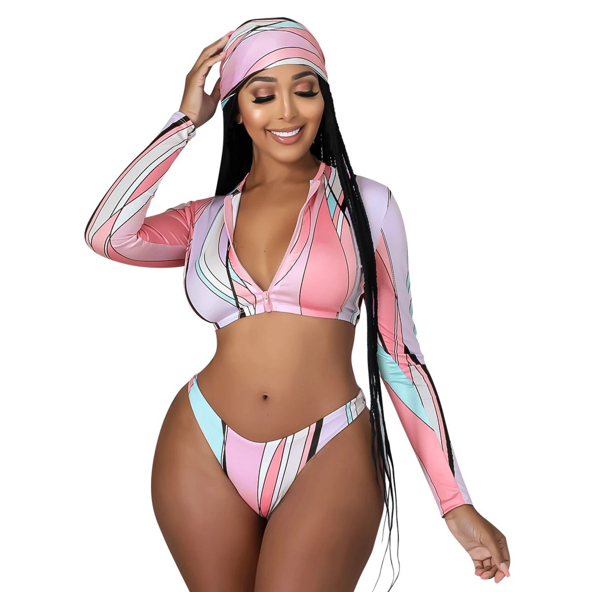 Women Bikini Set2022 Print Long Sleeve Zipper Crop Short Pant Bikini Bikini Set