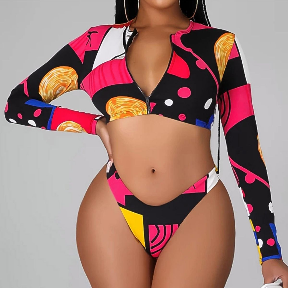 Women Bikini Set2022 Print Long Sleeve Zipper Crop Short Pant Bikini Bikini Set