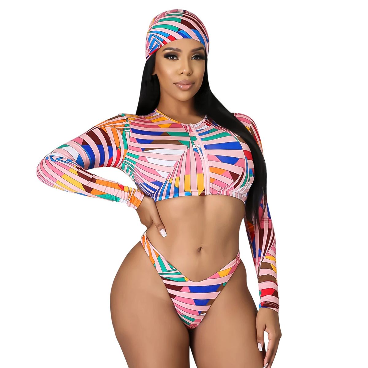 Women Bikini Set2022 Print Long Sleeve Zipper Crop Short Pant Bikini Bikini Set