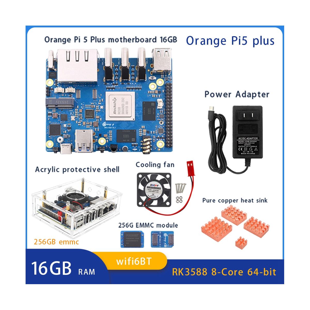 For Orange Peel 5 Plus 16GBRAM+256GB Emmc Module RK3588 Octa-Core Support 8K Video 2.5G WiFi6 Module Accessories US Plug