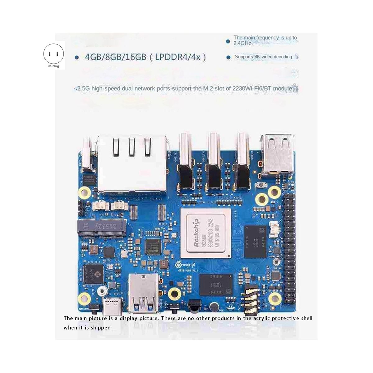 For Orange Peel 5 Plus 16GBRAM+256GB Emmc Module RK3588 Octa-Core Support 8K Video 2.5G WiFi6 Module Accessories US Plug
