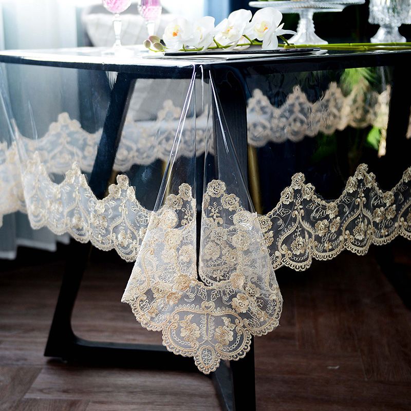 Tablecloth Waterproof PVC Transparent Soft Golden Lace Embroidered Oil-proof Table Cover Table Crystal Plate Table Cloth HMP17G