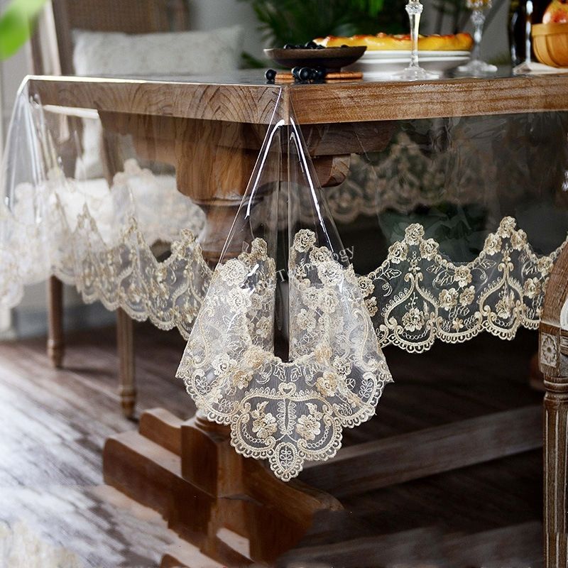 Tablecloth Waterproof PVC Transparent Soft Golden Lace Embroidered Oil-proof Table Cover Table Crystal Plate Table Cloth HMP17G