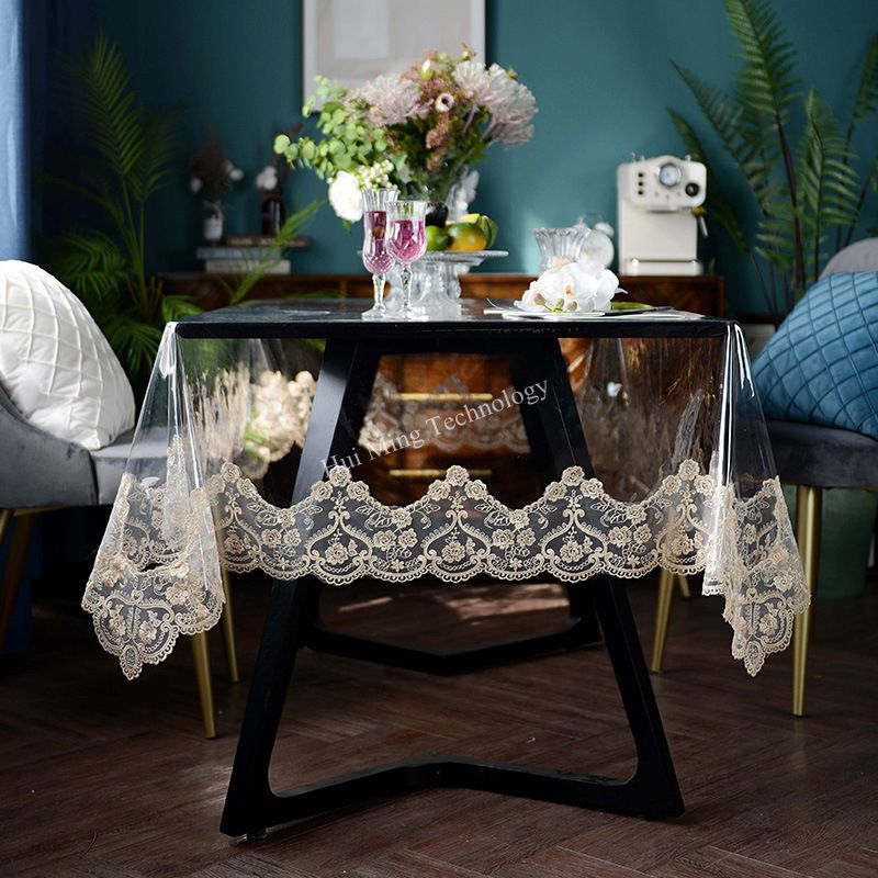Tablecloth Waterproof PVC Transparent Soft Golden Lace Embroidered Oil-proof Table Cover Table Crystal Plate Table Cloth HMP17G