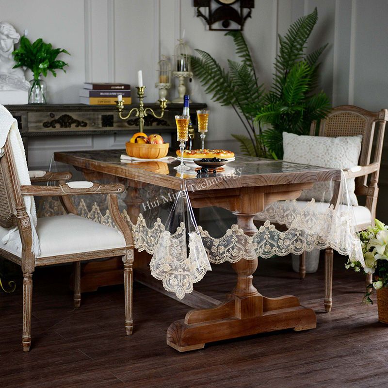 Tablecloth Waterproof PVC Transparent Soft Golden Lace Embroidered Oil-proof Table Cover Table Crystal Plate Table Cloth HMP17G