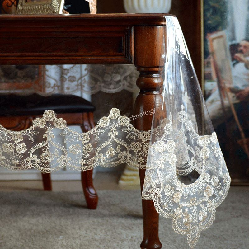 Tablecloth Waterproof PVC Transparent Soft Golden Lace Embroidered Oil-proof Table Cover Table Crystal Plate Table Cloth HMP17G