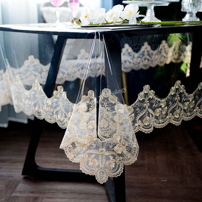 Tablecloth Waterproof PVC Transparent Soft Golden Lace Embroidered Oil-proof Table Cover Table Crystal Plate Table Cloth HMP17G