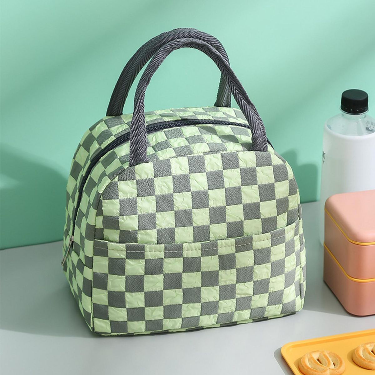 Insulated Bag Plaid Pattern Lunch Bento Box Bag Green