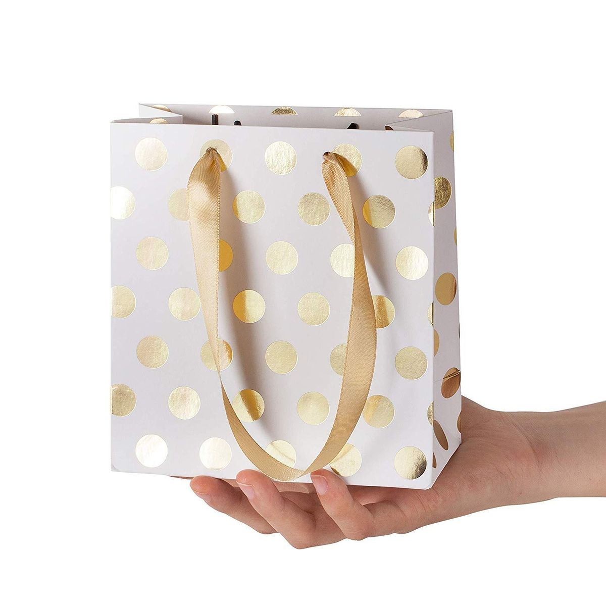 Small Gift Bags with Ribbon Handles(Metallic Dots 8 Pack Bulk)