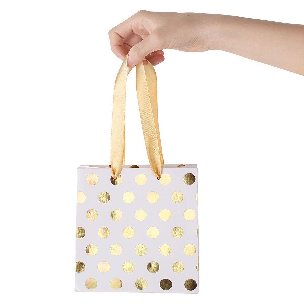 Small Gift Bags with Ribbon Handles(Metallic Dots 8 Pack Bulk)