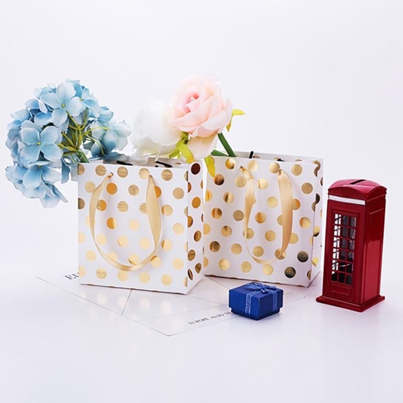 Small Gift Bags with Ribbon Handles(Metallic Dots 8 Pack Bulk)