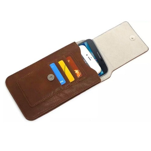 Cowskin Leather Protective Case Waist Bag With Card Slots & Hook - Brown