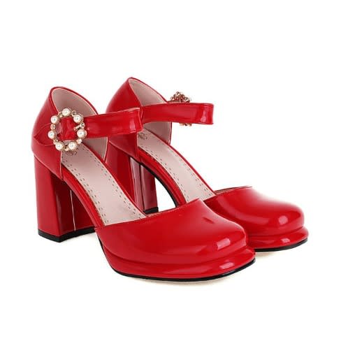 Thick Sole Single Wide Strap Buckle Cover Shoe - Red