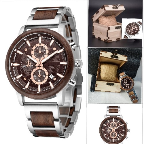 Wooden Stainless Steel Luminous Watch Quartz Water Resistant With Wooden Box, Band Fixing Tool