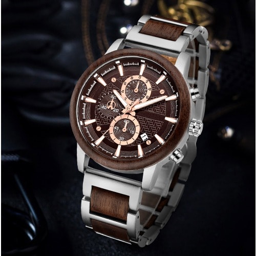 Wooden Stainless Steel Luminous Watch Quartz Water Resistant With Wooden Box, Band Fixing Tool