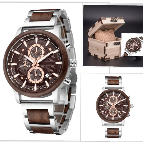 Wooden Stainless Steel Luminous Watch Quartz Water Resistant With Wooden Box, Band Fixing Tool