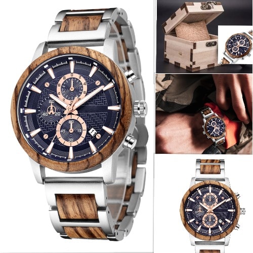 Wooden Stainless Steel Luminous Watch Quartz Water Resistant With Wooden Box, Band Fixing