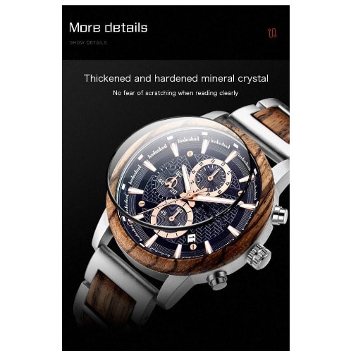 Wooden Stainless Steel Luminous Watch Quartz Water Resistant With Wooden Box, Band Fixing