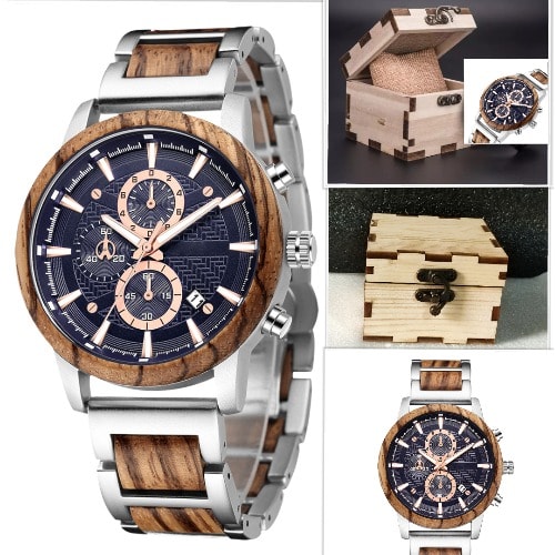 Wooden Stainless Steel Luminous Watch Quartz Water Resistant With Wooden Box, Band Fixing