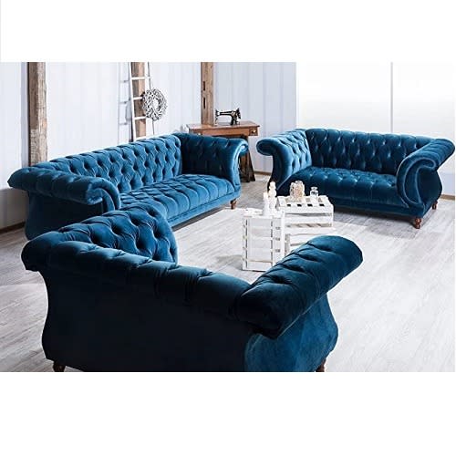 Chesterfield Contemporary 6 Seater Sofa Set - Blue Velvet