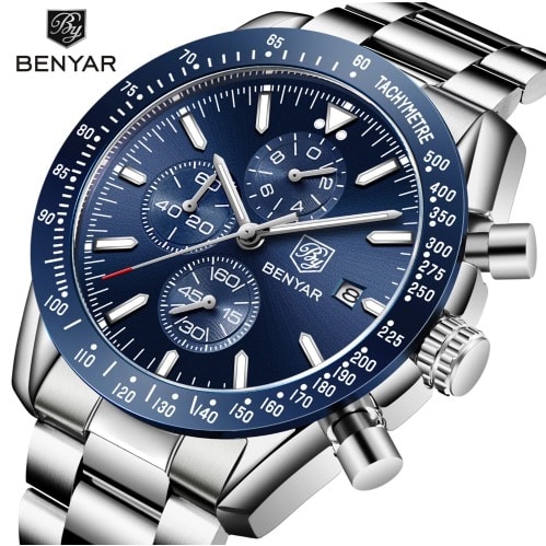 Benyar Stainless Steel Watch Brand Luxury Chronograph & Waterproof