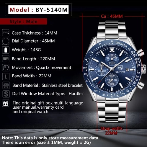 Benyar Stainless Steel Watch Brand Luxury Chronograph & Waterproof