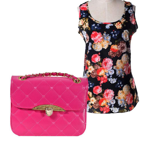 Ladies Floral Chiffon Top - Black + Quilted Handbag - Rose Red