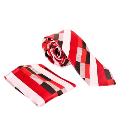 Mixed Patterned Tie And Pocket Square- Red And Burgundy