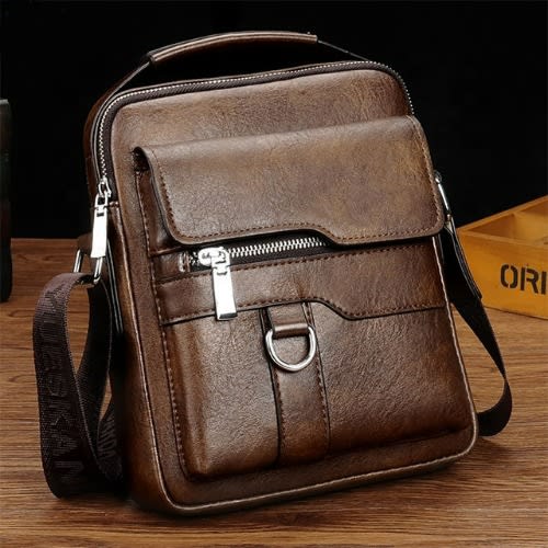 Men's Leather Shoulder Bag - Khaki