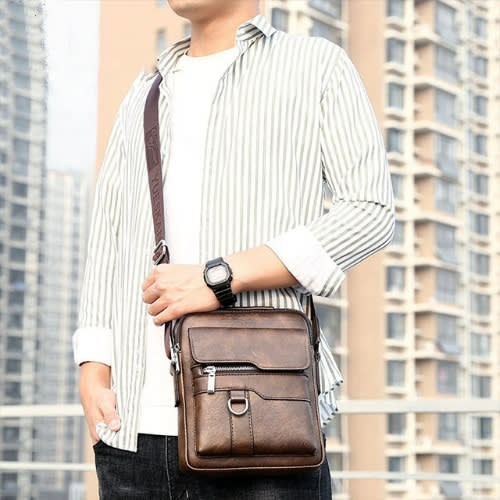 Men's Leather Shoulder Bag - Khaki