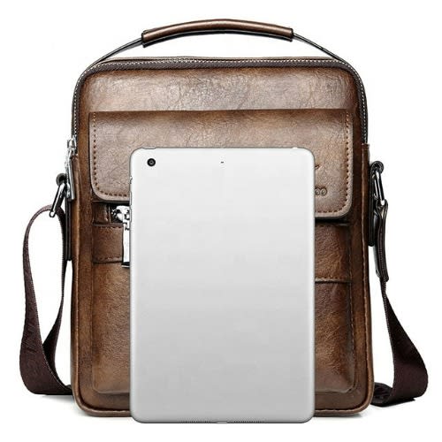Men's Leather Shoulder Bag - Khaki