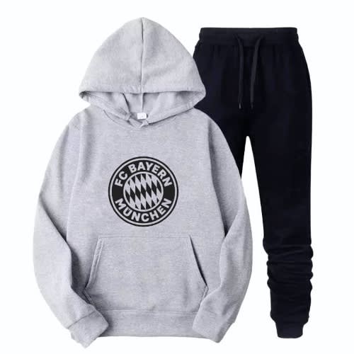 Grey Hoodie And Black Jogger With Club Logo Prints
