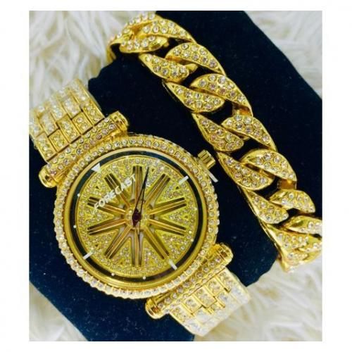Iced Spinning Watch With Cuban Bracelet-Gold