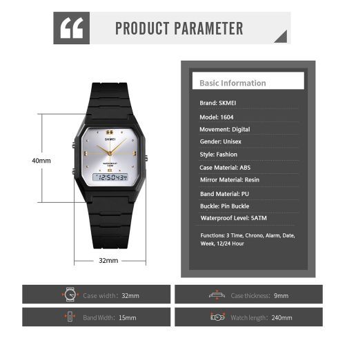Ultrathin Digital Electronic Watch Dual Display Unisex 3Time
