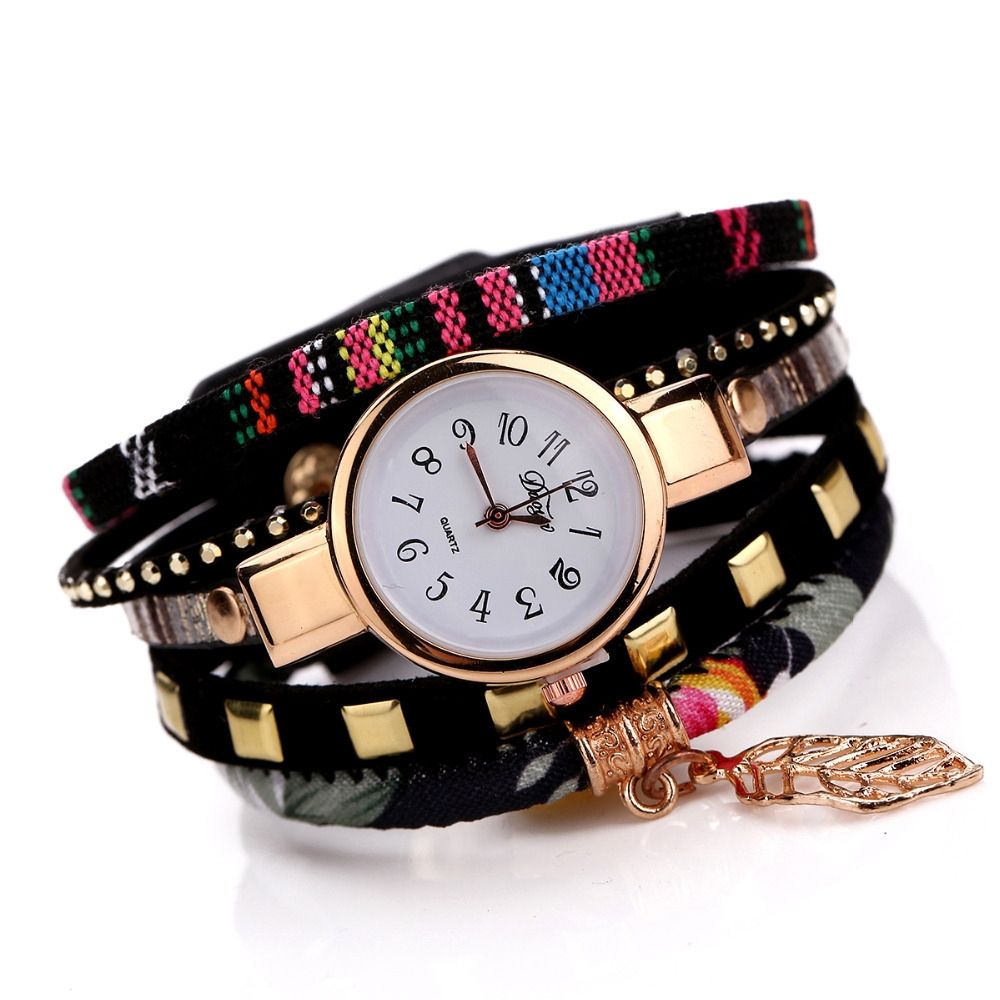 Ladies Quartz Bracelet Watch With Leaf Shape Pendant(Black)