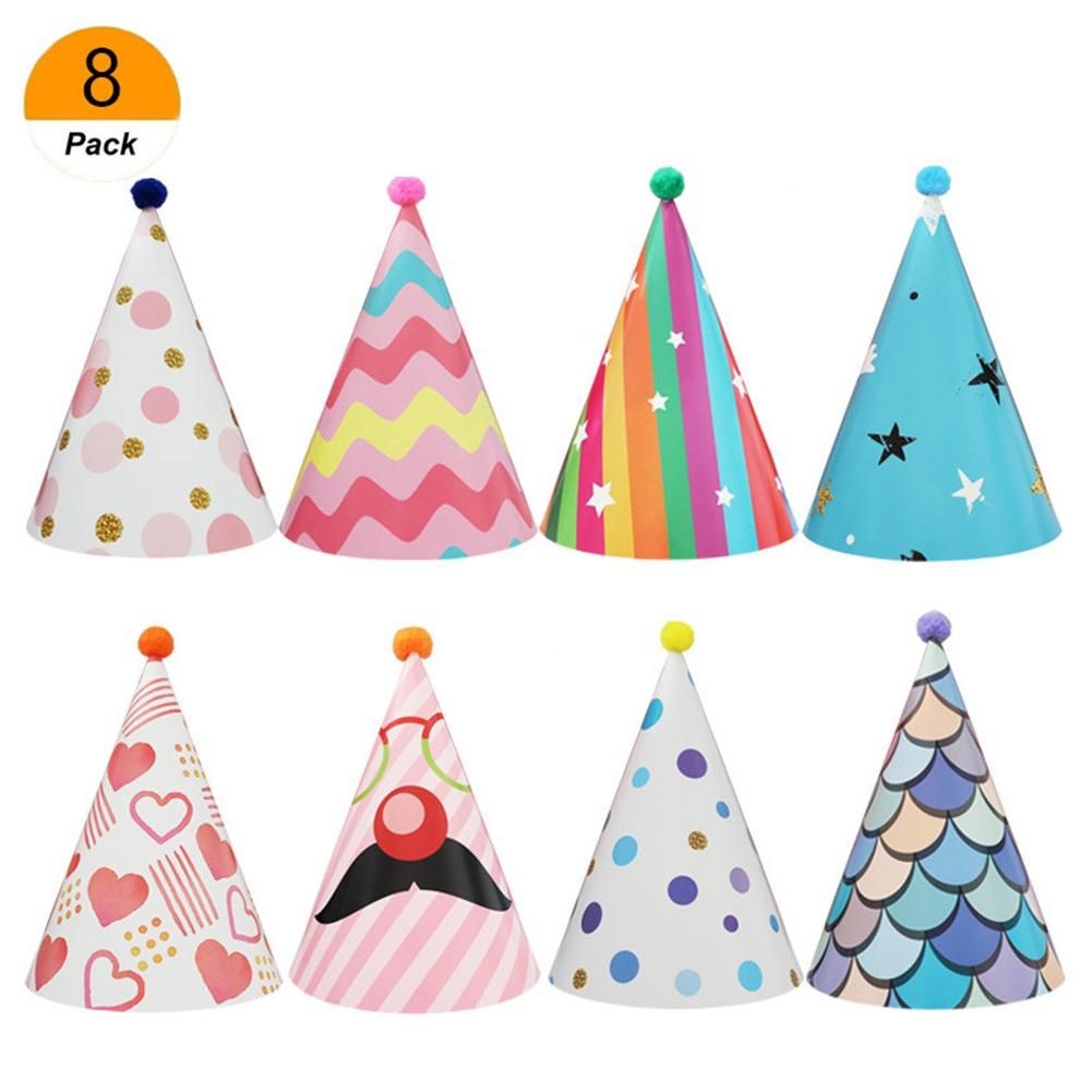 8Pcs Paper Gold Foil Happy Birthday Party Cone Hats for